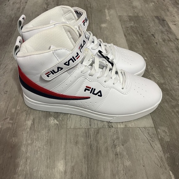 FILA Vulc Size 10 Faux Leather White Navy Red High Top Sneakers Men Shoes - Picture 1 of 7
